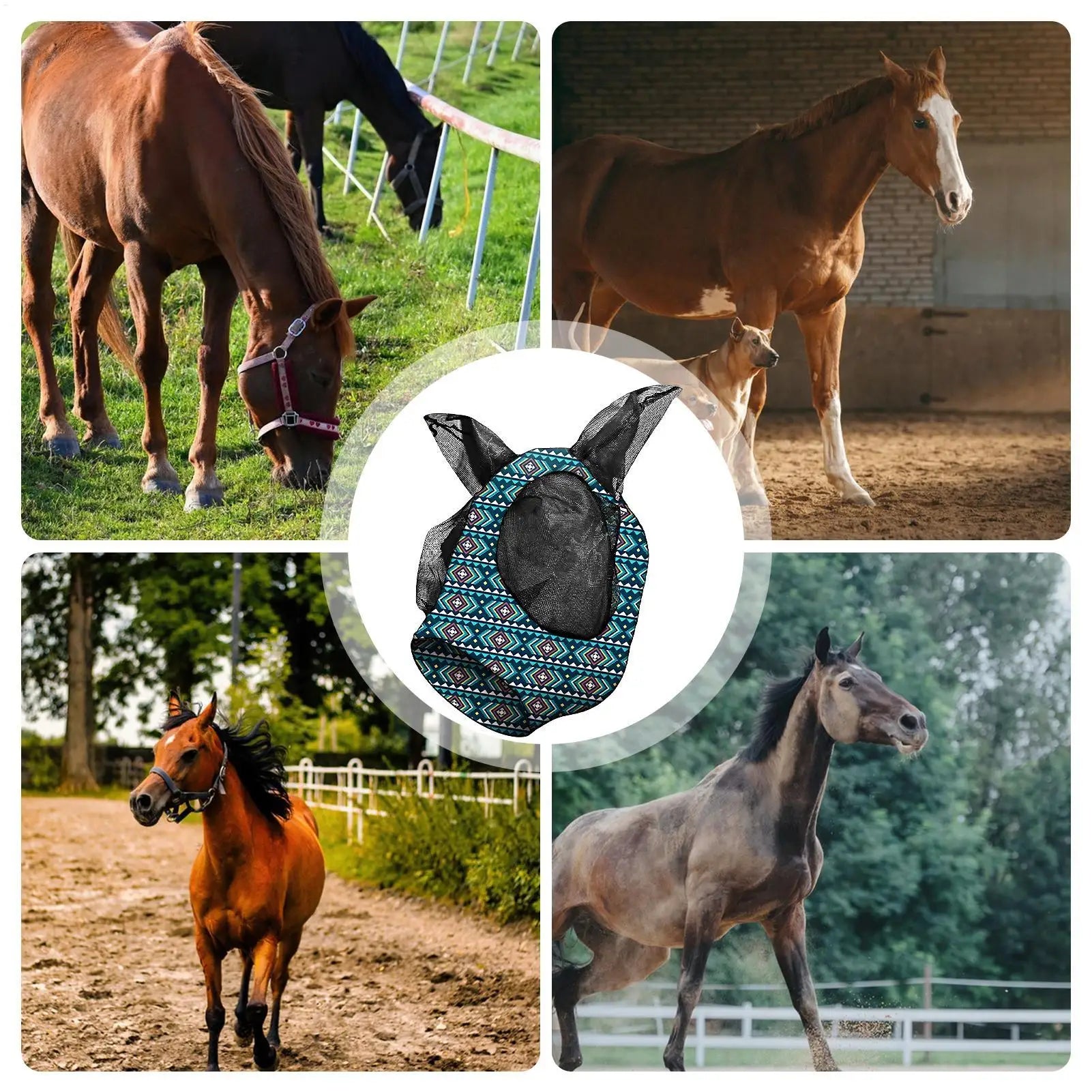 Masque pour cheval avec oreilles, protection anti-mouches respirante, ouverture réglable pour la crinière, équipement équestre, protection UV, fournitures pour animaux de compagnie