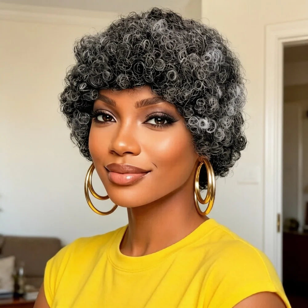 Salt and Pepper Gray Short Curly Human Hair Wig with Bangs, full machine made Remy Hair Natural Afro Kinky Curly Wigs for Women