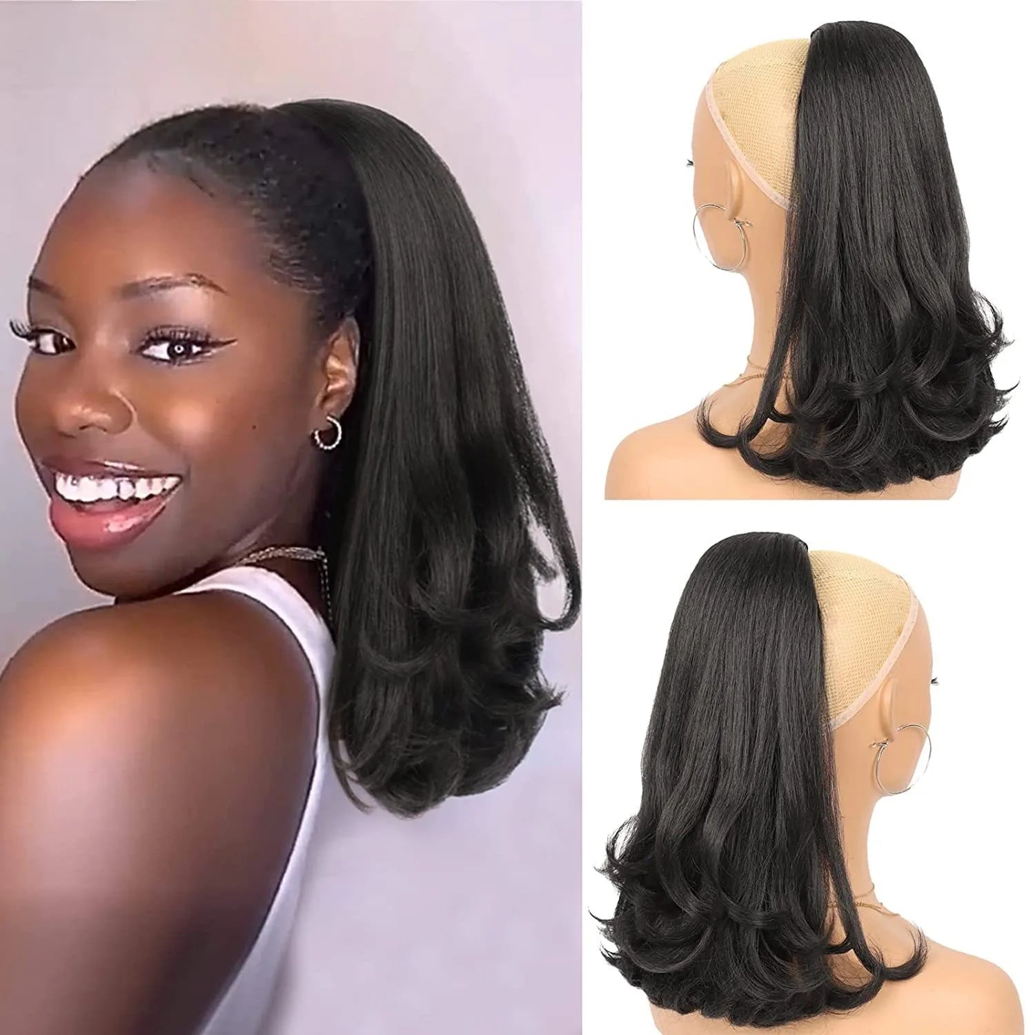 Synthetic 16" Nature Black Drawstring Yaki Straight Ponytail Hair Extensions Tail Warping Pieces for Black Women Daily Party Use