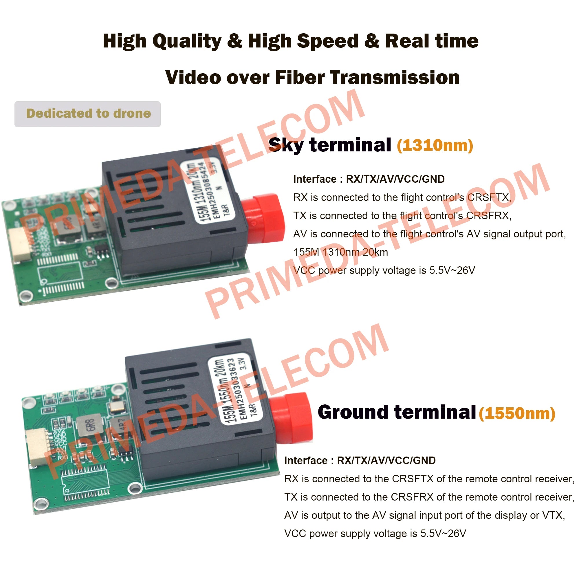 Optical fiber transmitters optical fiber converters for drones signal converters 1 Analog Video with 1 TTL over Fiber optic 20Km