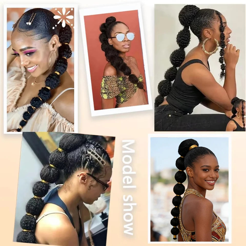 Queue de cheval bouffante afro synthétique longue droite Yaki avec tresses en lanterne, extension de queue de cheval à bulles avec cordon de serrage et pince pour femmes noires