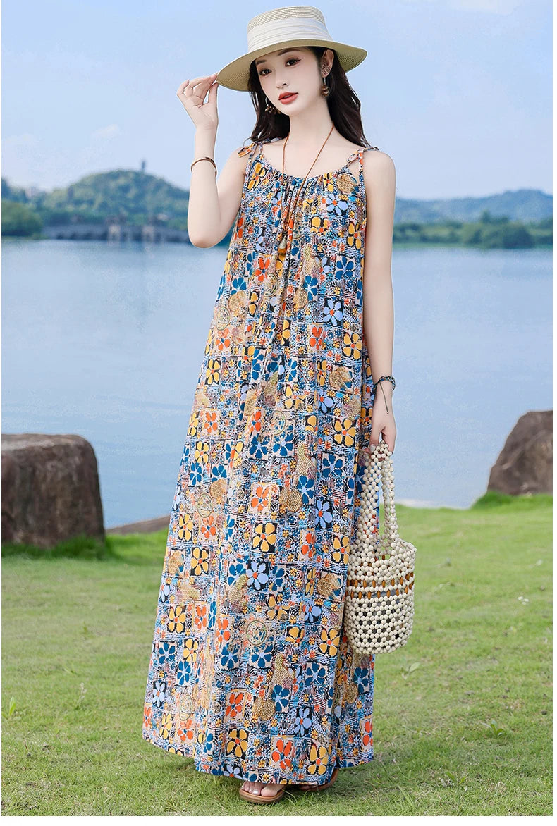 New Fashion Hot Summer Dresses For Women  Casual Flower Print Floral Sleeveless Dress Vintage Dress Loose Women Clothing