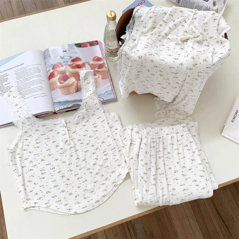 Three-Piece Pajama Set for Women Floral Lace Sweet Cardigan Camisole Homewear Long Sleeves Long Pants Fancy Underwear Ladies