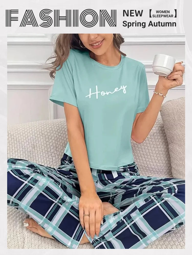 Women's Pajamas Set Soft Comfortable Letter Print T-Shirt & Plaid Long Pants Sleepwear 2 Pieces Home Clothes Loungewear Pyjama