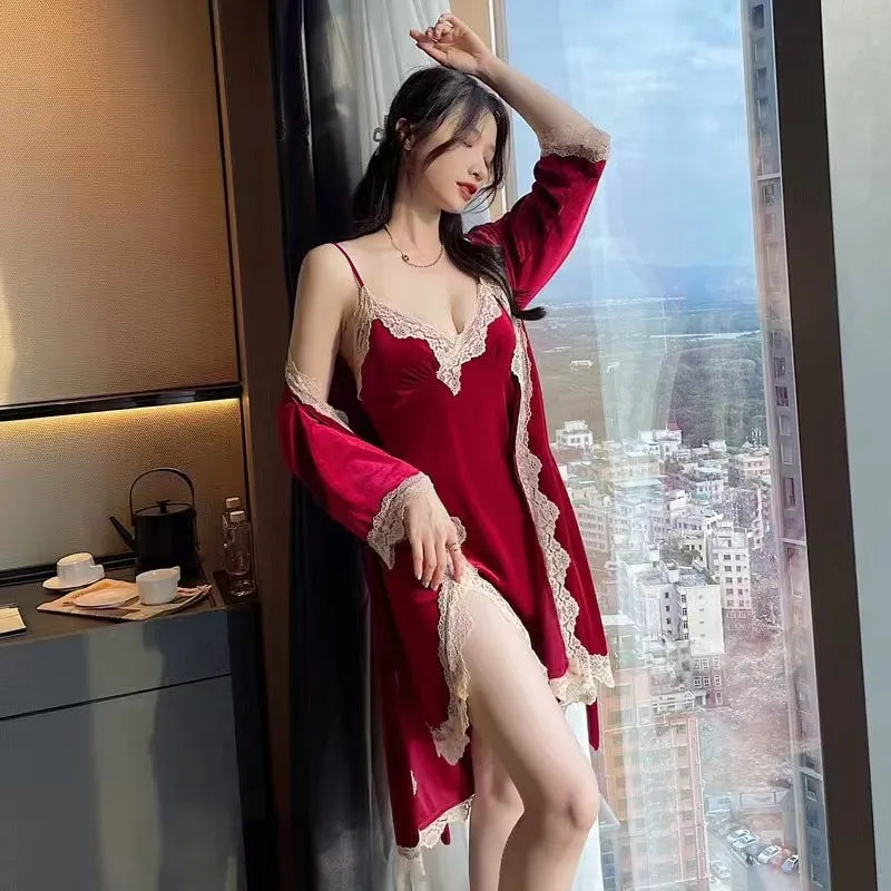 Women's Pajamas Set Sexy Female Winter And Fall Pure Desire Long-sleeved Set Of Velvet With Corset Pads Halter Nightgown Robe