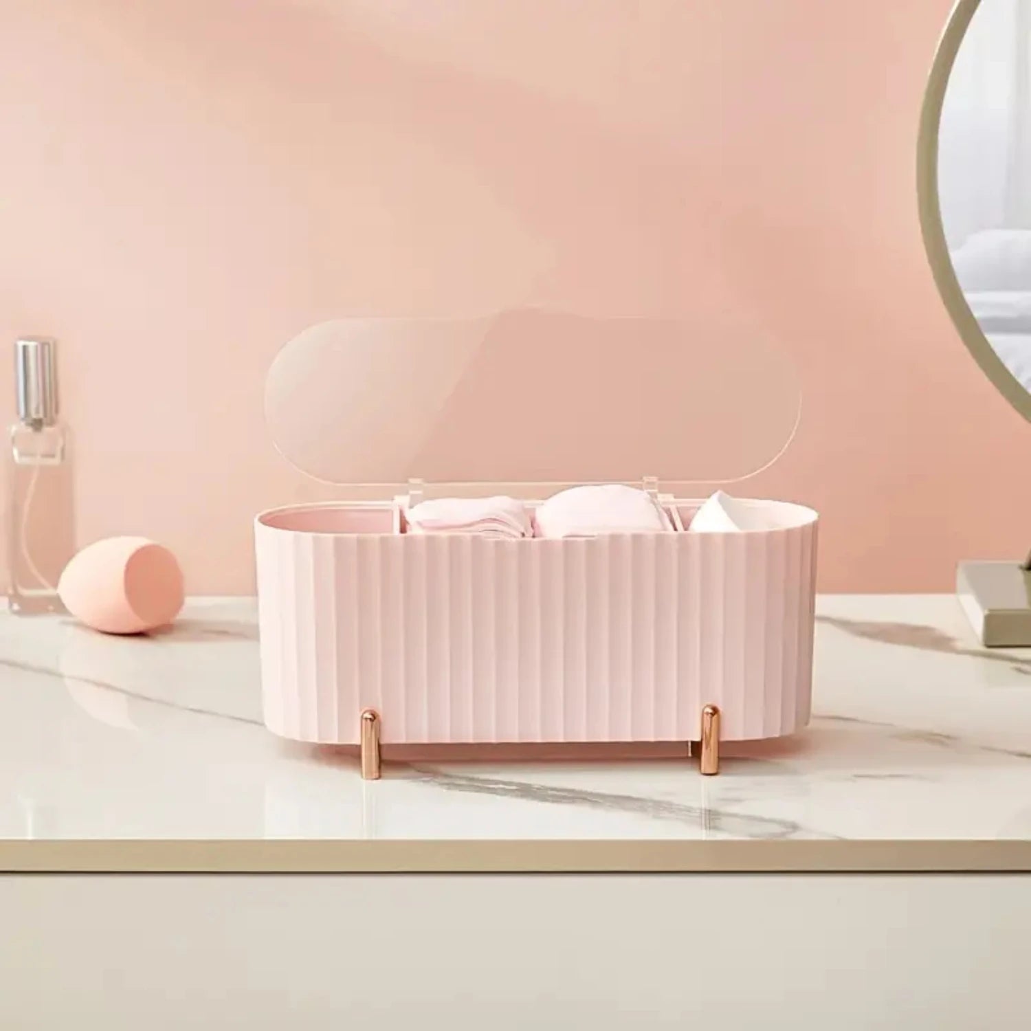 Elegant Dustproof Desktop Cosmetic Storage Box with Beauty Egg Tray - Organize Your Makeup and Jewelry in Style! Ideal for Bathr