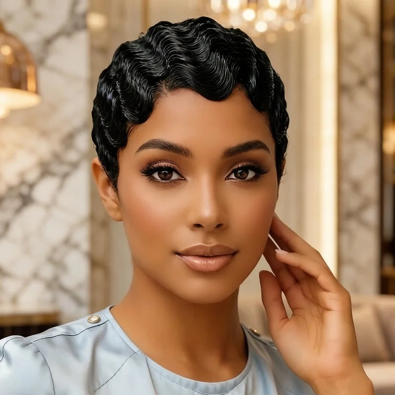 Finger Wave Human Hair Wig Short Pixie Cut Wig for Women Machine Made wig