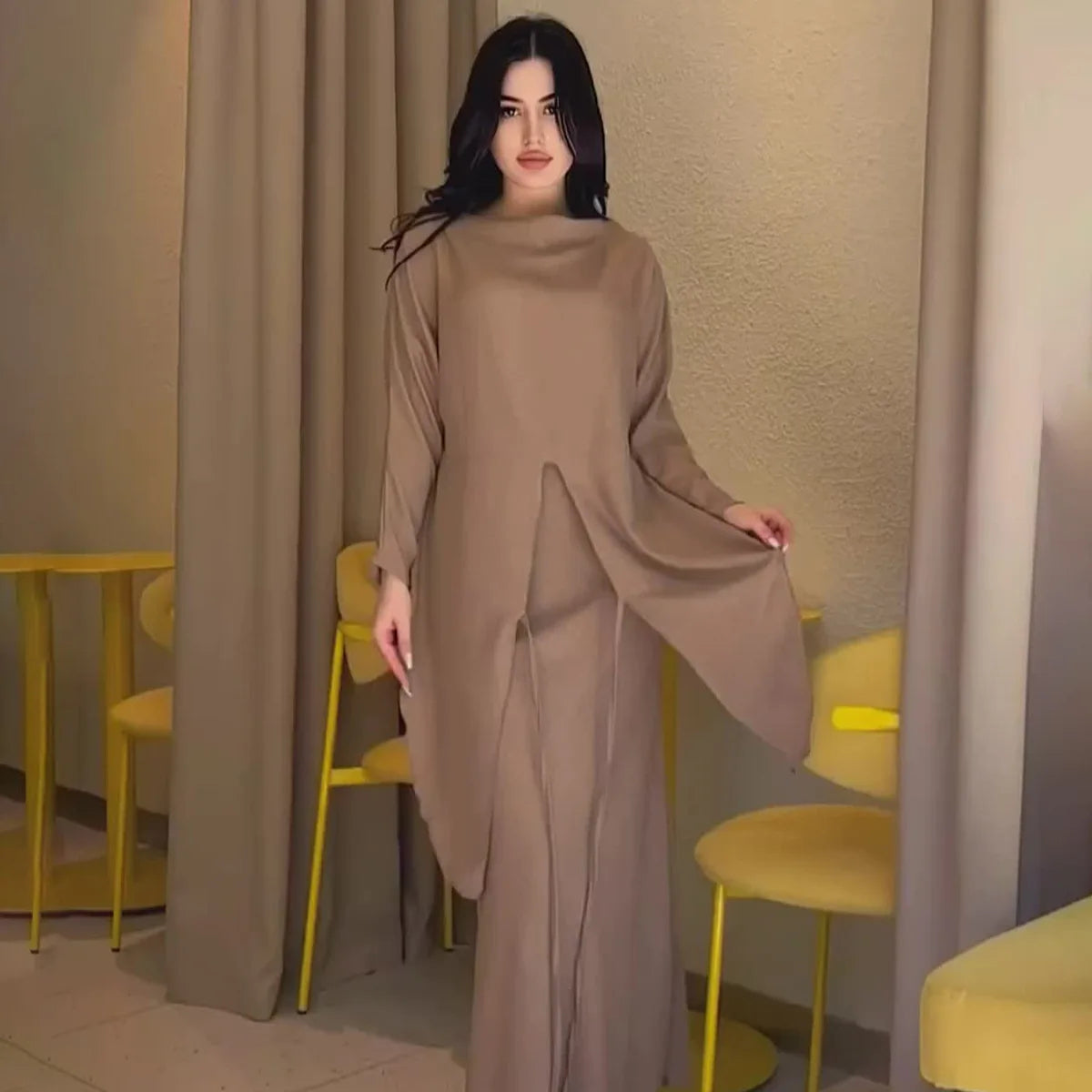 Elegant Loose Midi Skirt Sets Women Satin Cross Lace-Up Long Sleeve Top And Maxi Skirt Set Fall Clothes Chic Office Sets