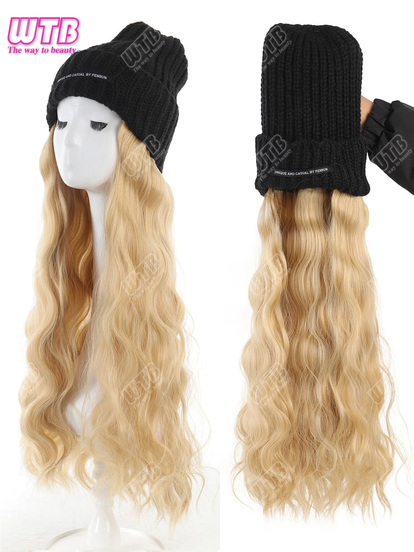 Synthetic Wig Black Hat With Long Curly Hair Extensions; Knitted Hat; Warm Ski Hat For Autumn And Winter
