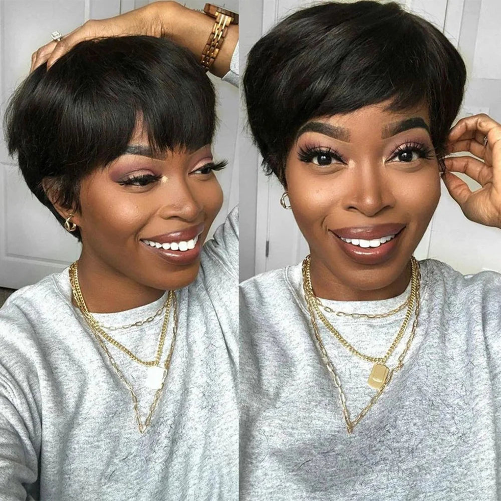 Pelucas de corte pixie Pelucas de cabello humano Peluca corta de corte pixie de cabello humano para mujeres negras Pelucas hechas a máquina con flequillo