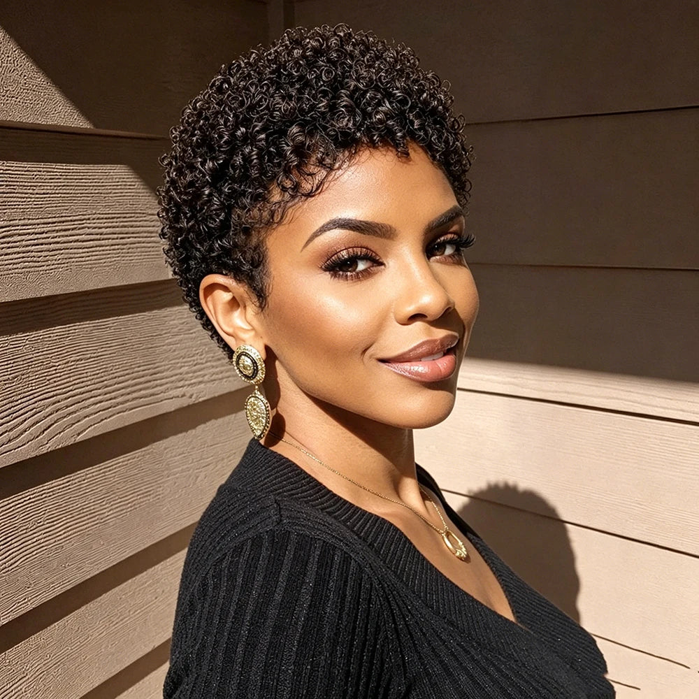 Afro Short Kinky Curly Wig Pixie Cut Wigs Human Hair for Black Women Bazilian Hair Machine Made Cap Natural Black/Burgundy/Brown