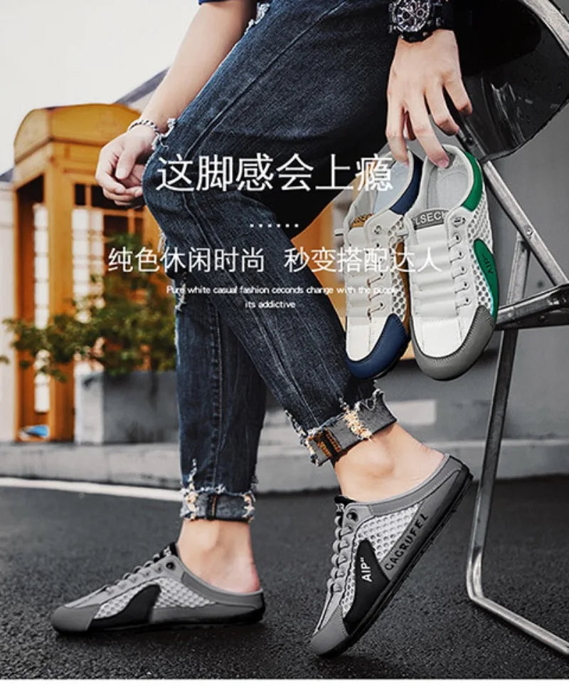 Men's Half Slippers Fashion Outdoor Casual Shoes for Men Walking Flats Soft Sole Support Slipper Mesh Breathable Slip-On Loafers