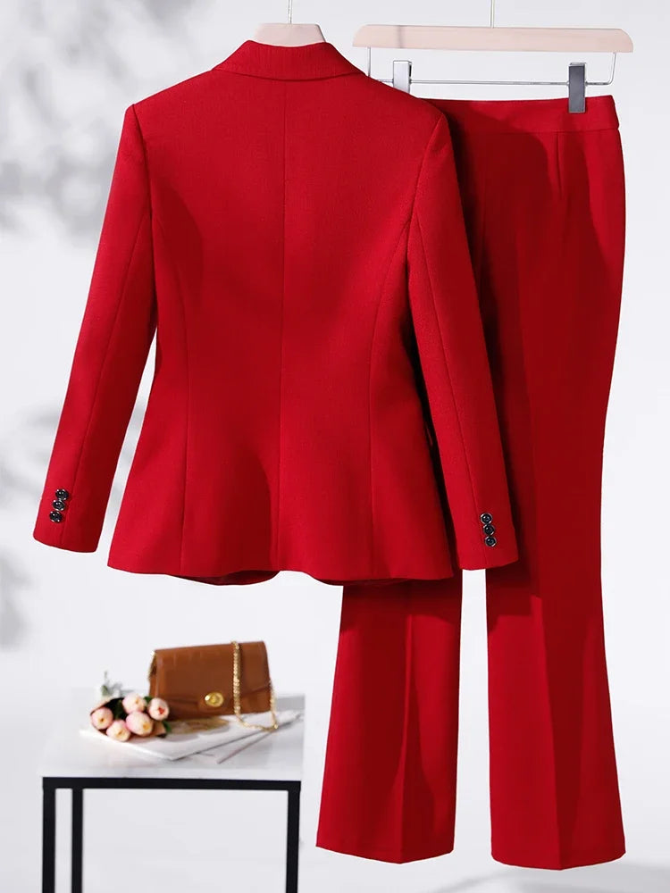 Business Work Wear 2 Piece Set Purple Blue Red Black Long Sleeve Blazer And Trouser Women Pant Suit Formal