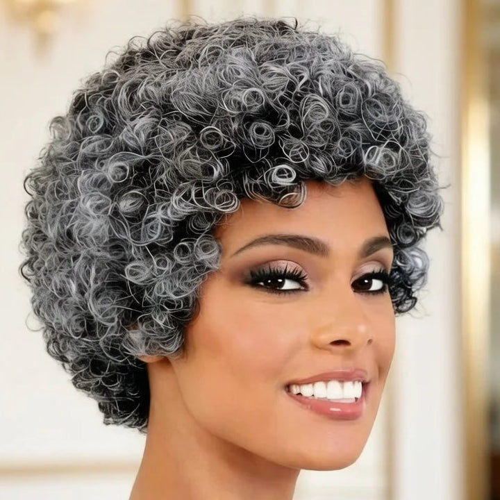 Perruque de cheveux humains gris bouclés