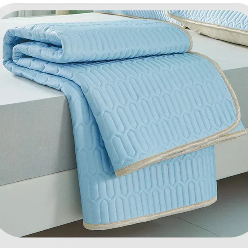 Cooling Bed Sheet Set with Pillowcases Ice Silk & Latex Quilted Breathable Cover Solid Summer Bedding Comfort & Heat Resistance