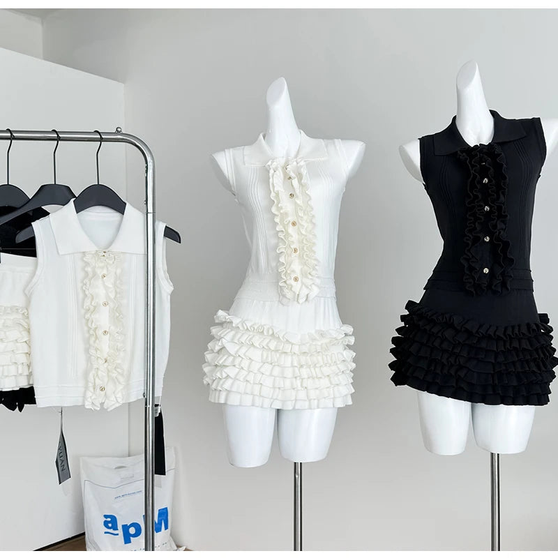 2 Two-Piece Knitted Skirt Sets Stylish Sleeveless Tank Tops and High Waist Layered Mini Skirts Black White Outfits Women Suits