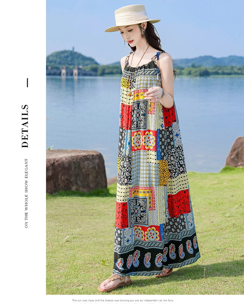 New Fashion Hot Summer Dresses For Women  Casual Flower Print Floral Sleeveless Dress Vintage Dress Loose Women Clothing