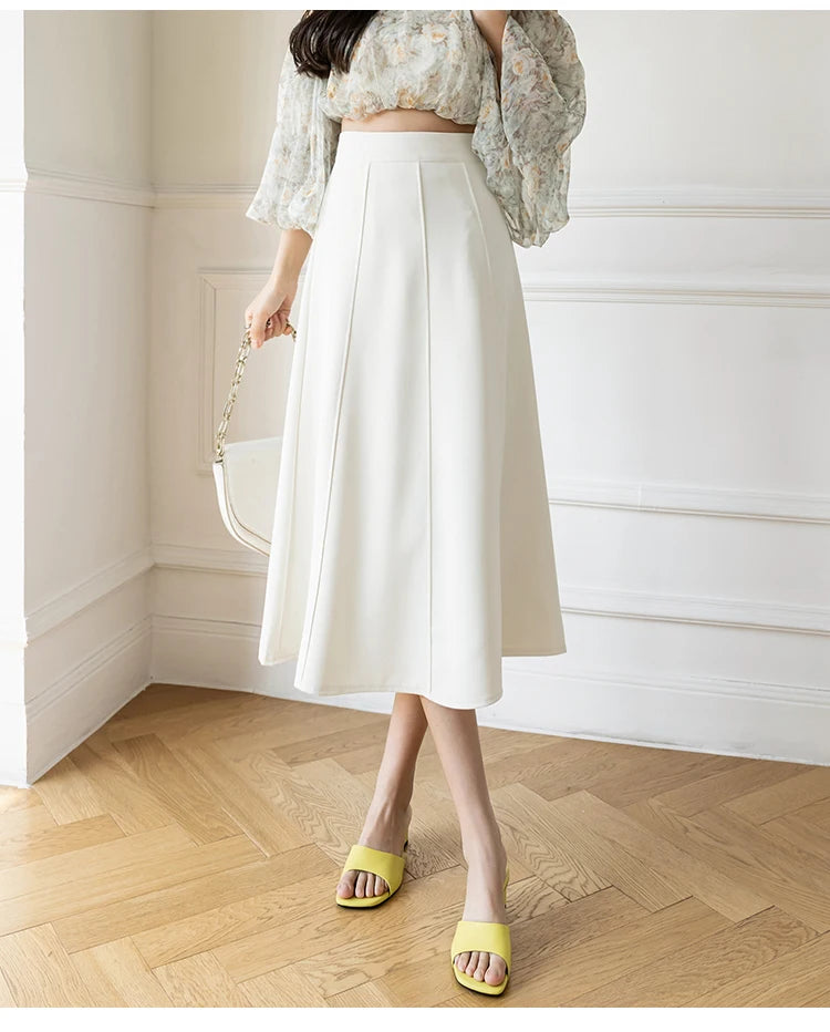 Women's Skirt Spring Women High Waist Solid Vintage Girl's Waist Down Skirt Knee-length A-line Fashion Thin Skirt for Women