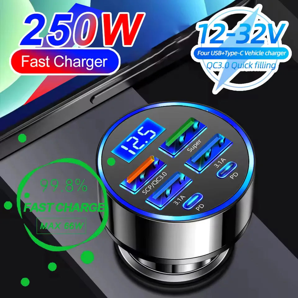 Chargeur de voiture PD 250 W USB Type C QC3.0, charge rapide, 6 ports, prise allume-cigare pour téléphone, charge rapide avec affichage numérique