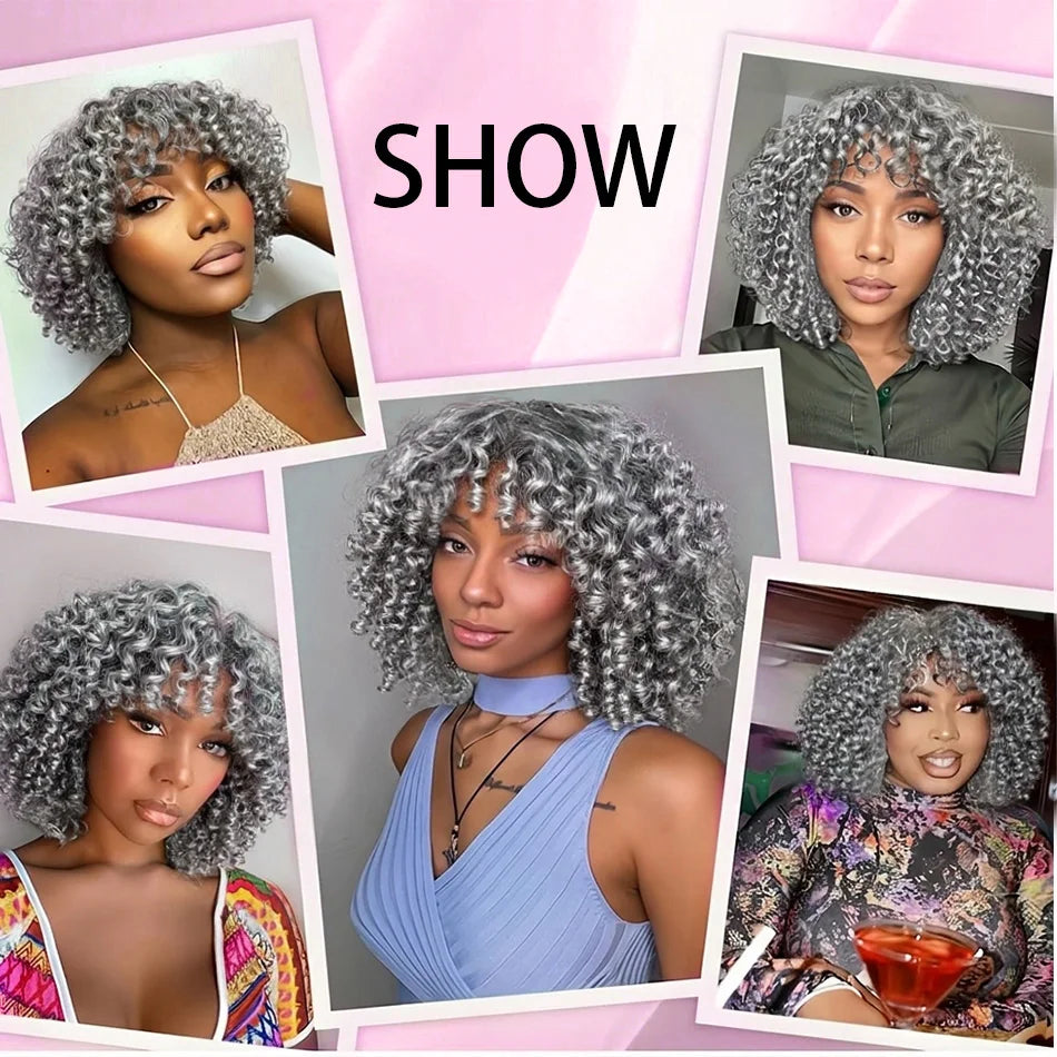 250 Density Silver Grey Bob Wigs Salt and Pepper Short Curly Human Hair Wigs Colored Deep Wave Wig Brazilian 10 12 14 Inch Remy
