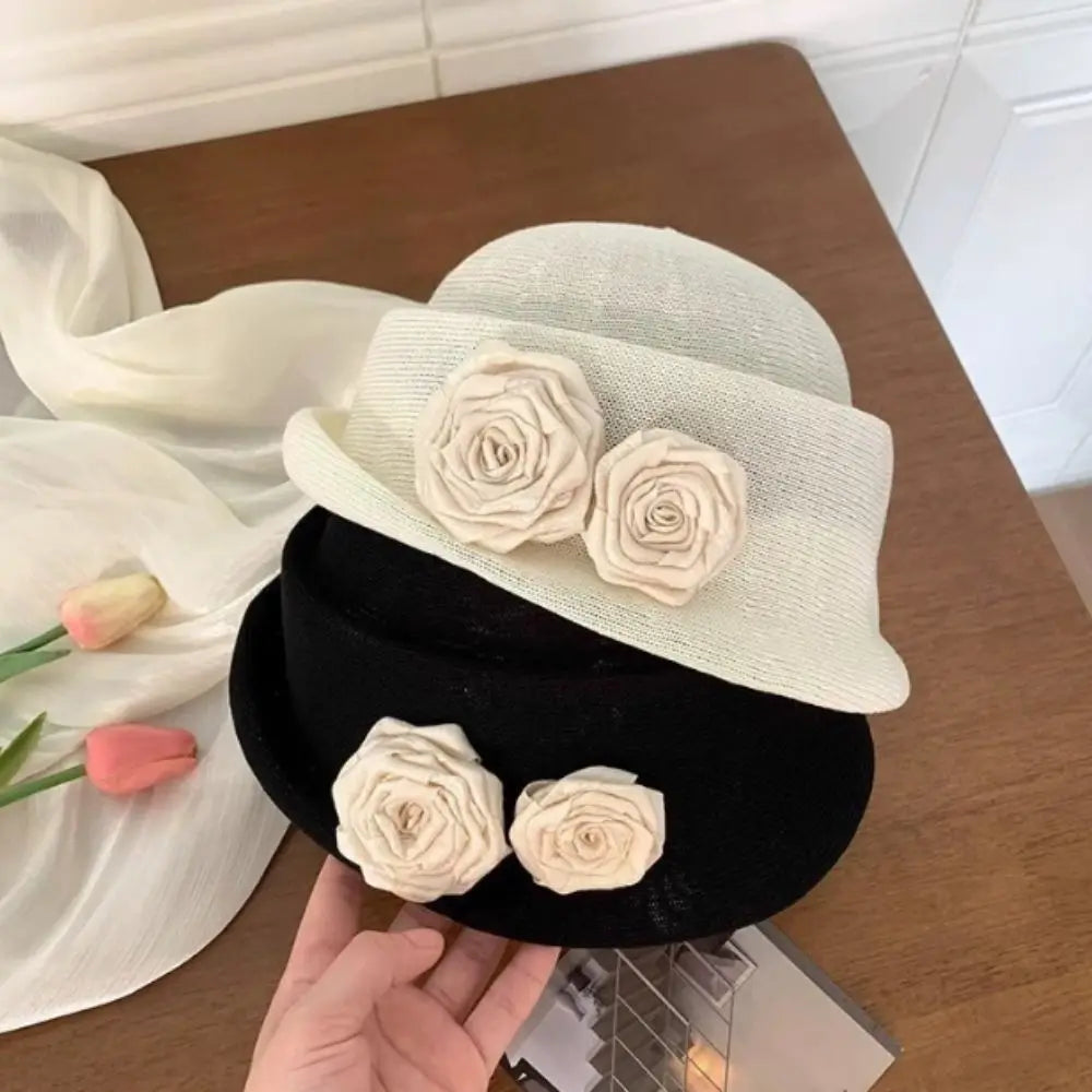 Vintage French Style Camellia Flower Cap Curl Brim Hepburn Floral Bowler Hat Elegant British Women's Formal hat Lady