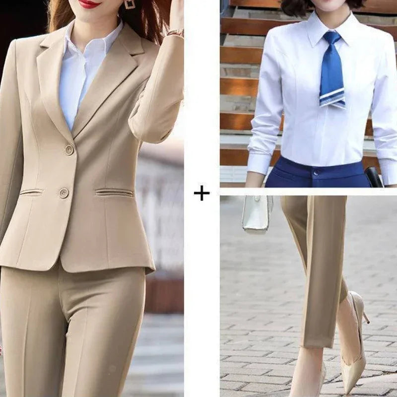 Professional Womens 2 Pant Sets Trouser Suit Baggy Khaki Business Wear To Work Two Piece Set Pants for Women Blazer and Outfit D