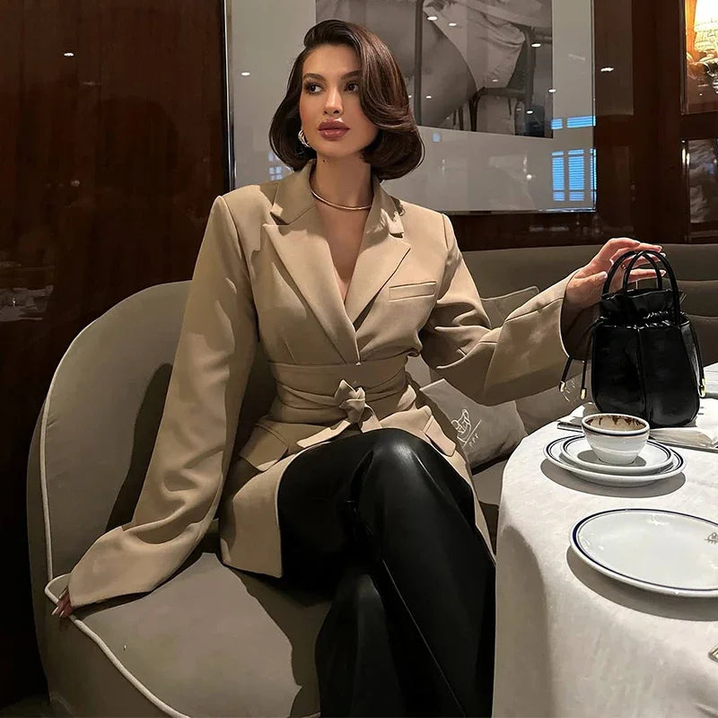 Elegant Trousers Suit Women Slim V-neck Pockets Blazer Full Sleeve Belt Straight Pants Sets Female Solid Sets Lady Spring Autumn