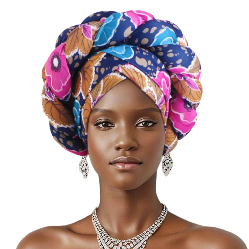 New African Print Twisted Large Braid Turban Hat Muslim Hijab Hat Elastic Head Wraps Headscarf Ramadan Headscarf Beanie Hats