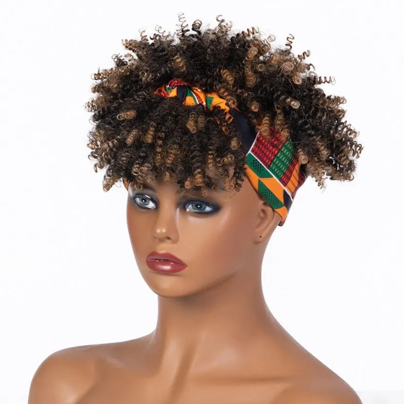Headband Wigs for Women Synthetic Hair Kinky Curly Wigs With Scarf Natural Short Afro Wig for Black Woman False Hair Woman Wigs