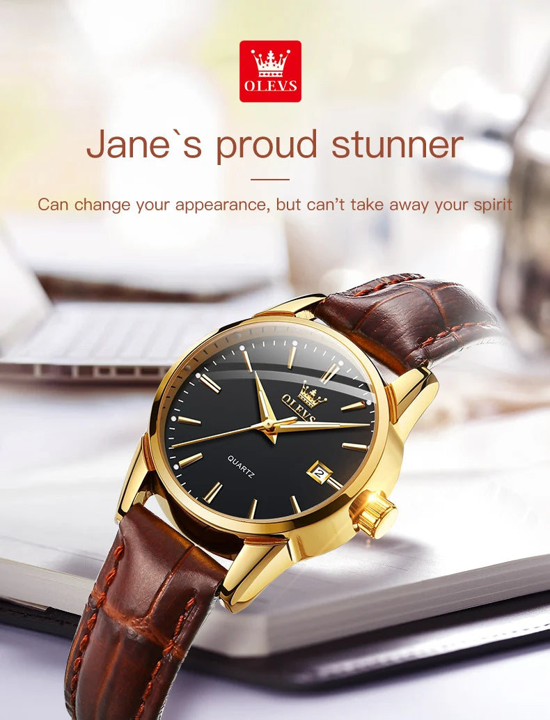 OLEVS 6898 Womens Watch Original Fashion Brand Quartz Wristwatch Waterproof Luminous Leather Strap  Dual Calendar Ldies Watch