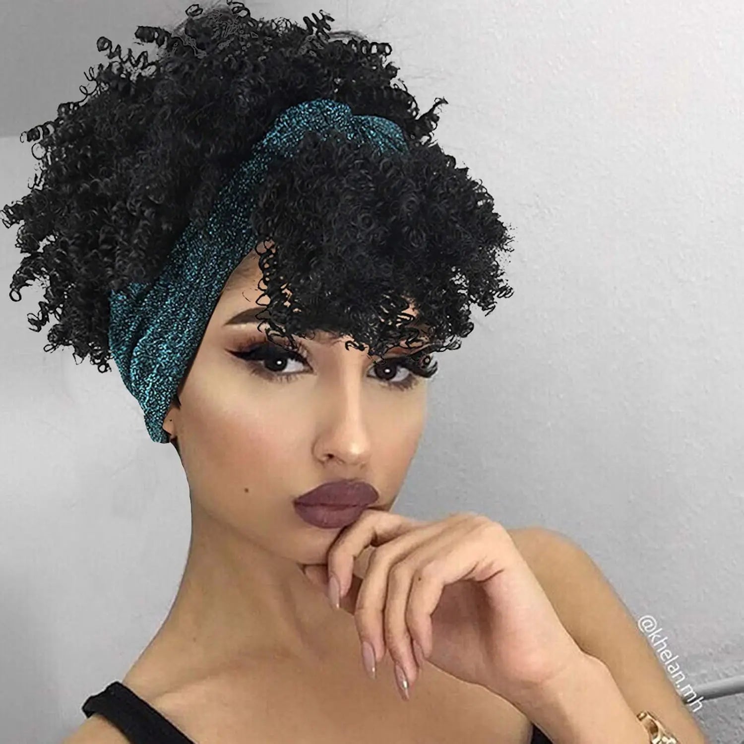 Black women's curly hair wig with headscarf and tassel, 2-in-1 wrapped wig, African short curly hair synthetic wig with headscar