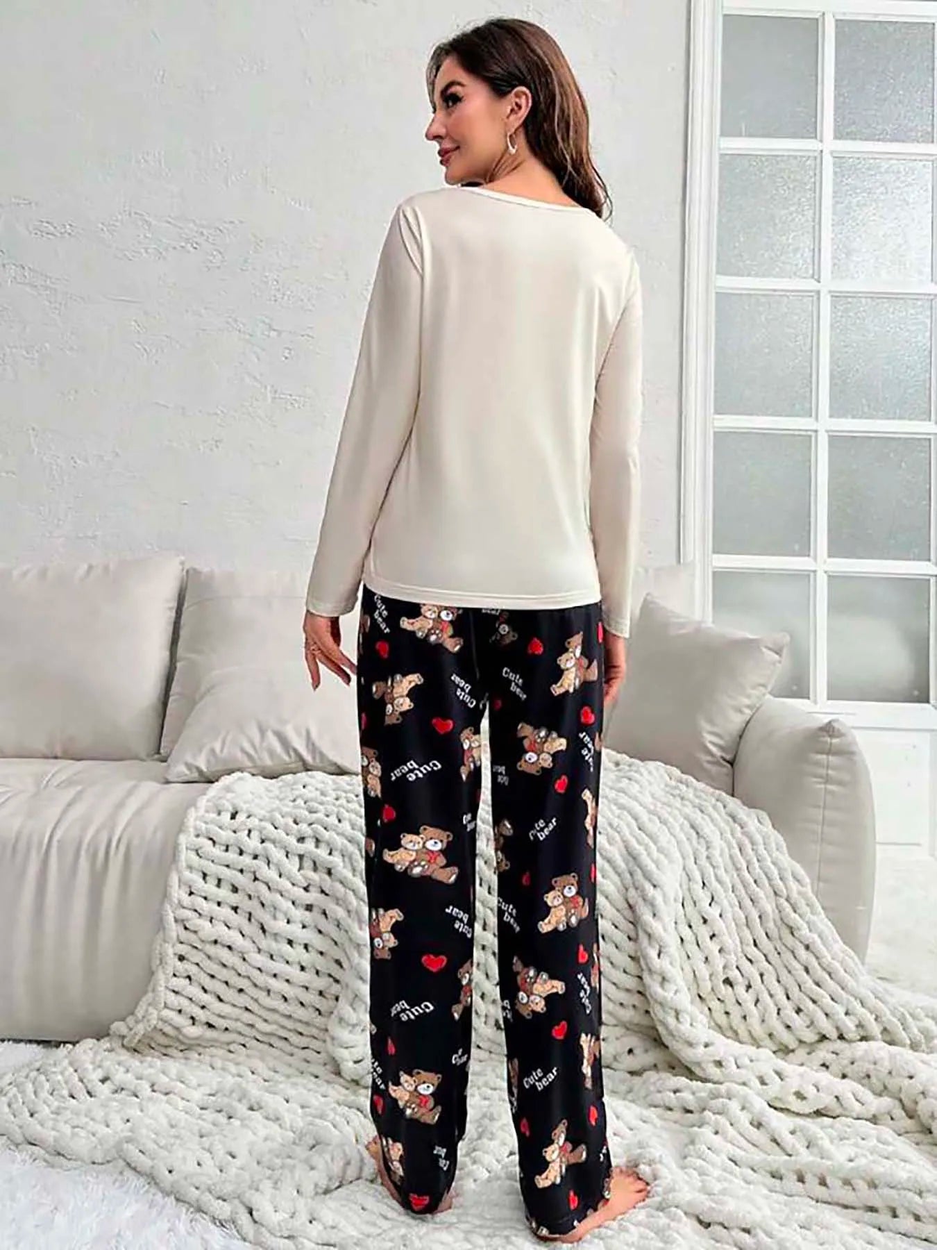 Women's pajamas set Comfortable casual two bear print crewneck long sleeve trousers women's pajamas set