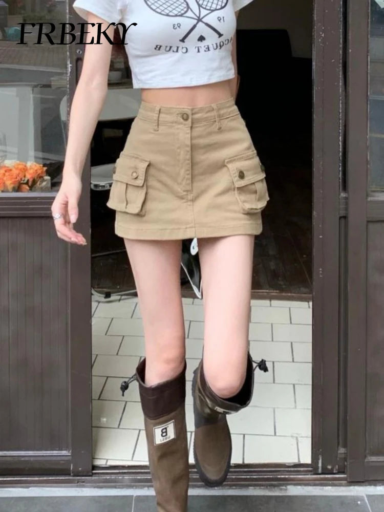 Women's Skirt Autumn New Denim Khaki Work Skirt Skinny American Half-body High Waist A-line Skirt Pocket A Line Sexy Dress