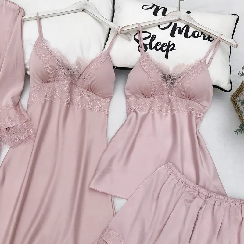 Pijama de cinco piezas para mujer, ropa de dormir para primavera y verano, camisón, bata de baño sexy de encaje, bata de satén de seda suelta para el hogar, ropa de estar en casa