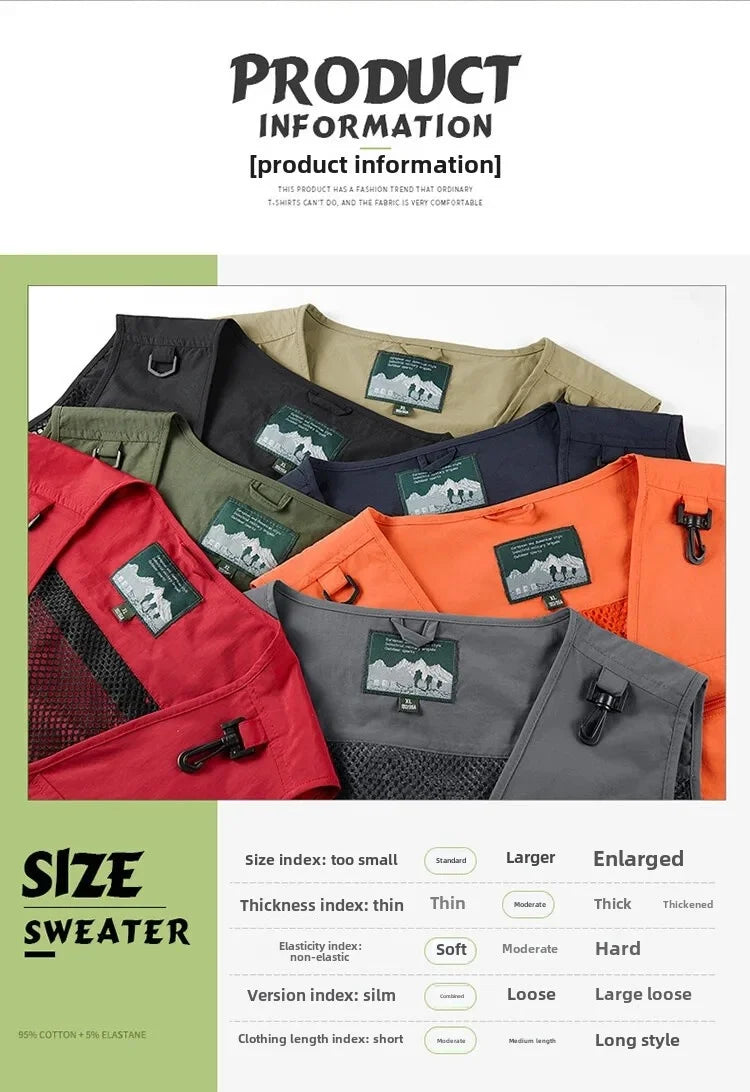 Men's Vest Summer Casual Photography Fishing Multi-Pocket Vest Outdoor Leisure Mountain Climbing Sleeveless V-Neck Custom Logo