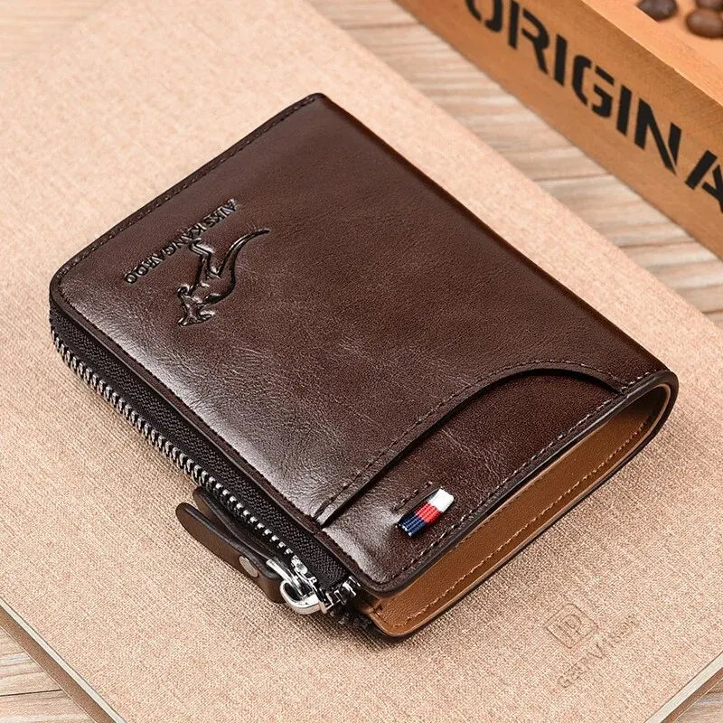Cartera de cuero para hombre, tarjetero de negocios con cremallera, carteras de lujo para hombre, protección RFID, cartera masculina de lujo