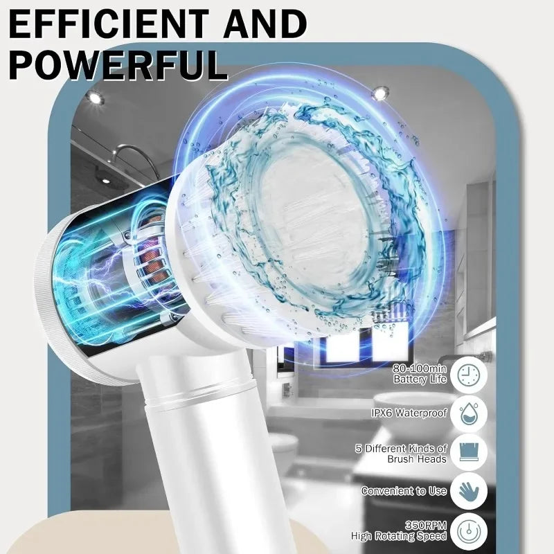 Electric 5 in 1 Powerful Cleaning Brush Spin Scrubber Brush Deep Cleaning with 5 Replaceable Heads For Bathroom Kitchen