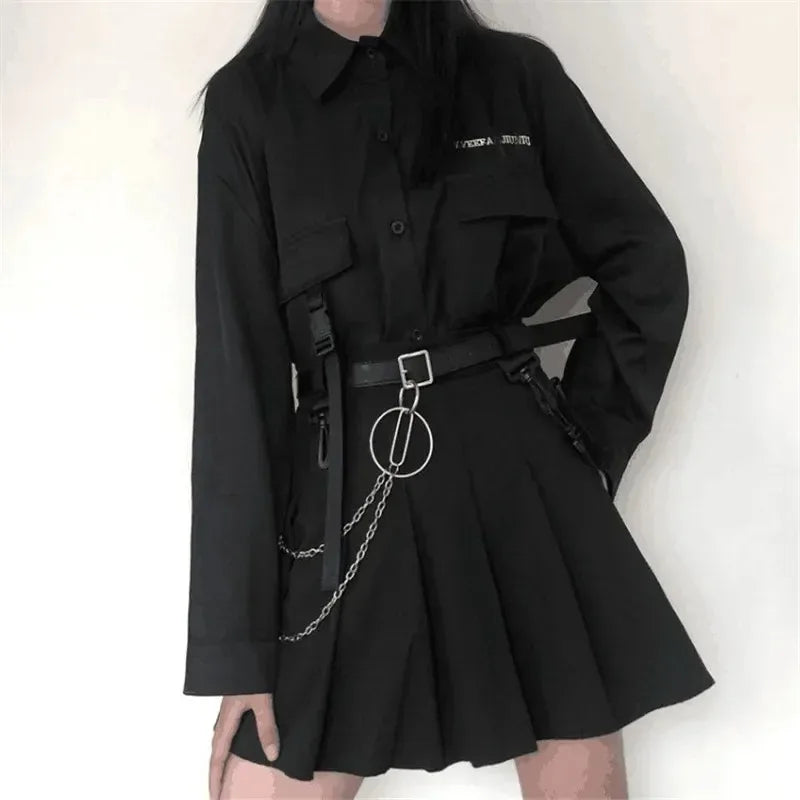 Gothic Skirt Set Long Sleeve Shirt Pleated Skirt 2 Piece Sets Women's Dark Clothes Korean Retro Casual Outfit Fashion Y2k Suit