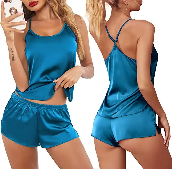 Conjuntos de pijama de satén y encaje sexy para mujer, ropa de dormir, tops sin mangas + pantalones cortos, conjuntos de 2 piezas de pijama para mujer
