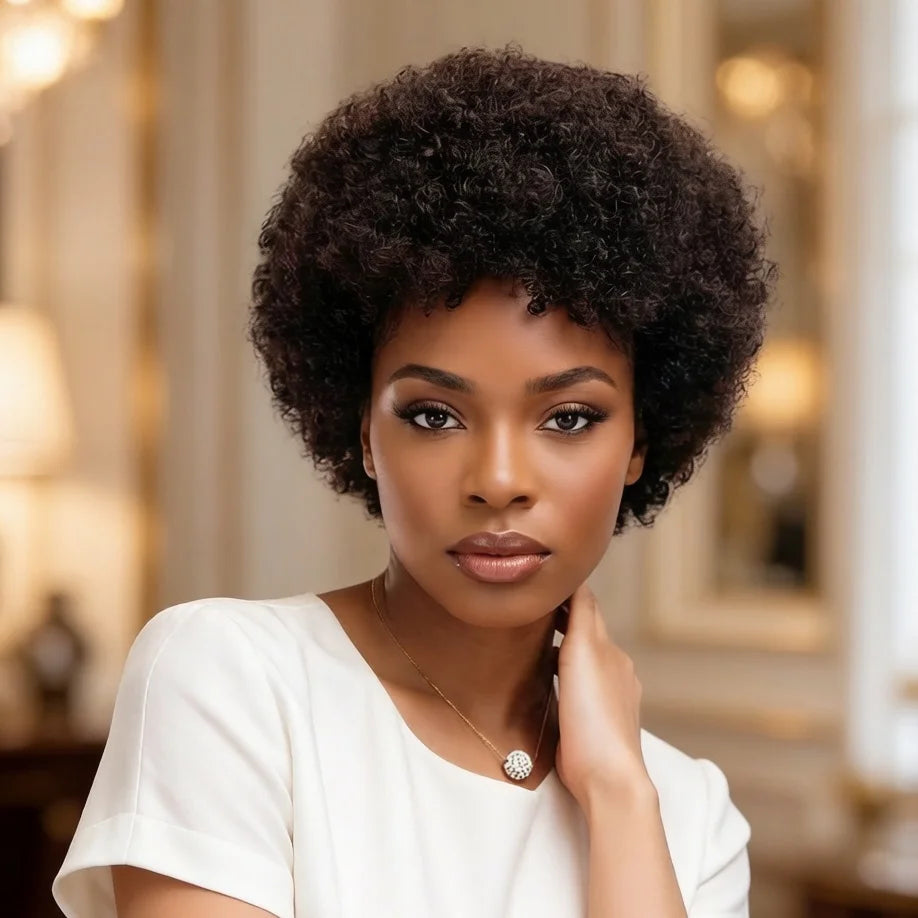 Pelucas de Cabello Humano Rizado Afro Kinky Brasileño de 8 Pulgadas para Mujeres Pelucas Completas Hechas a Máquina para Uso Diario