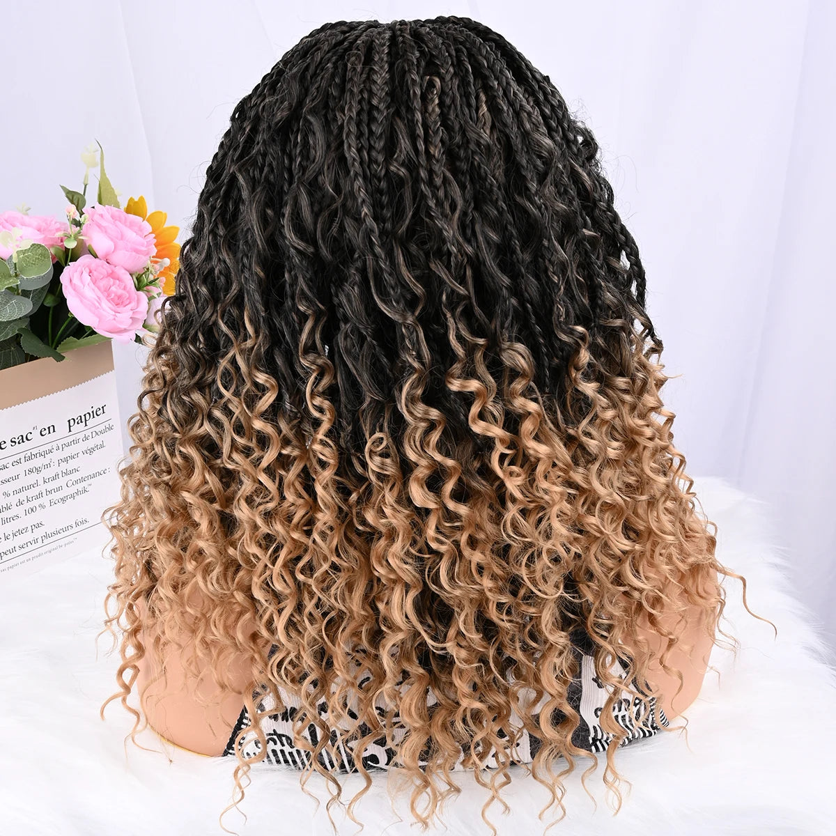 Peluca trenzada corta bohemia boho con trenzas de caja, pelucas trenzadas boho de encaje completo, cabello sintético rizado con pelo de bebé para mujeres negras