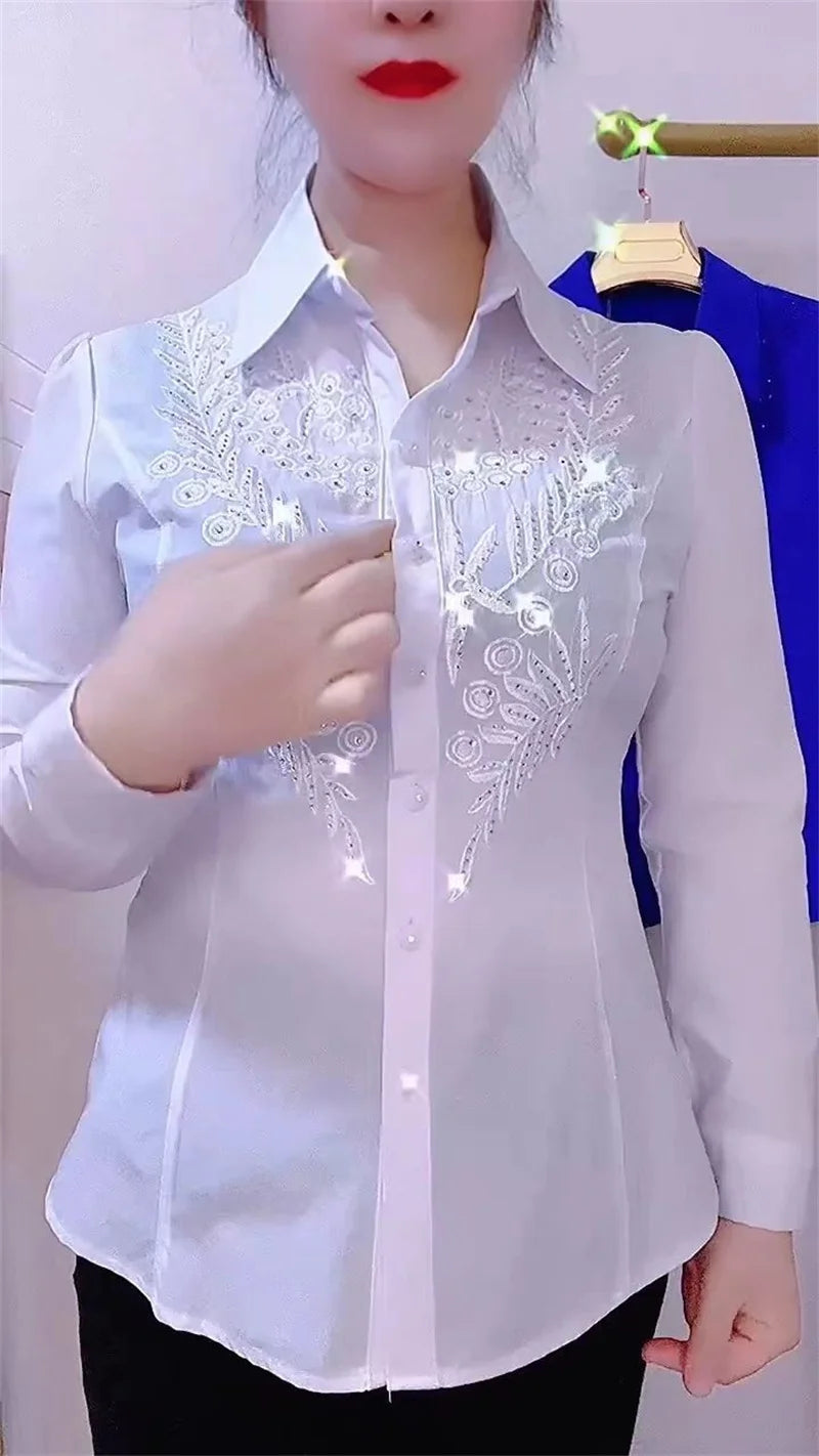 Fashion White Red Blue Shirts For Women New Temperament Design Embroidered Rhinestone Spring Autumn Summer Shirt Blous