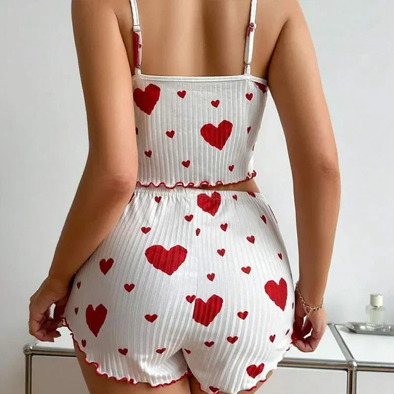Sexy Women's Pajamas Set Sleepwear 2 PCS Short Tank Tops And Shorts S M L White Ventilate Soft Casual Love Printing