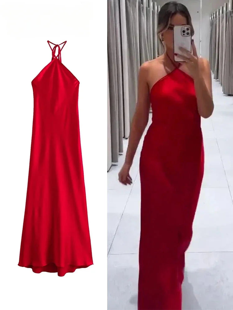 Halter Long Dresses for Women Backless Satin Dress Woman Off Shoulder Sexy Midi Dresses Elegant Evening Party Dress