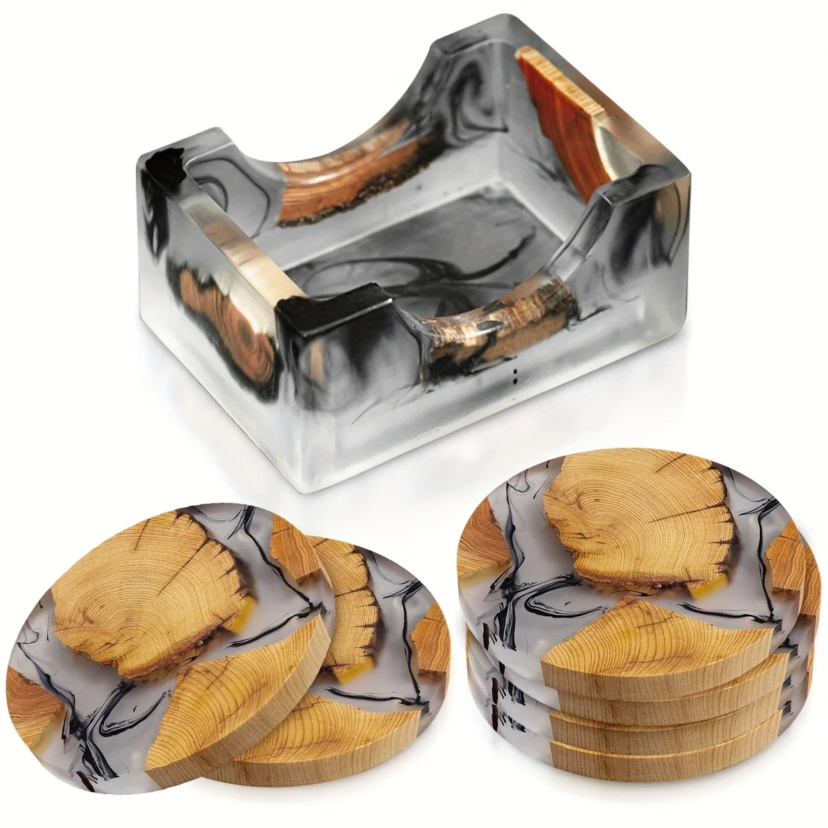 Wooden Round Coaster Set of 6 with Holder, Modern Epoxy Resin Coasters, Cedar Wood Coasters, Epoxy Drink Coasters for Tabletop