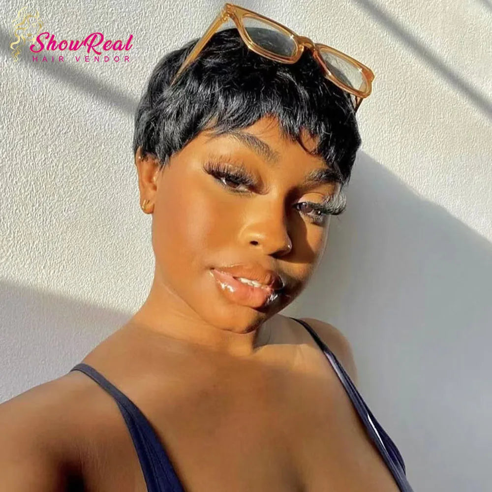 Short Wigs for Women Glueless Pixie Cut Human Hair Wigs With Bangs Natural Black Color Wear and go Breathable Lightweight Wig for Everyday Use