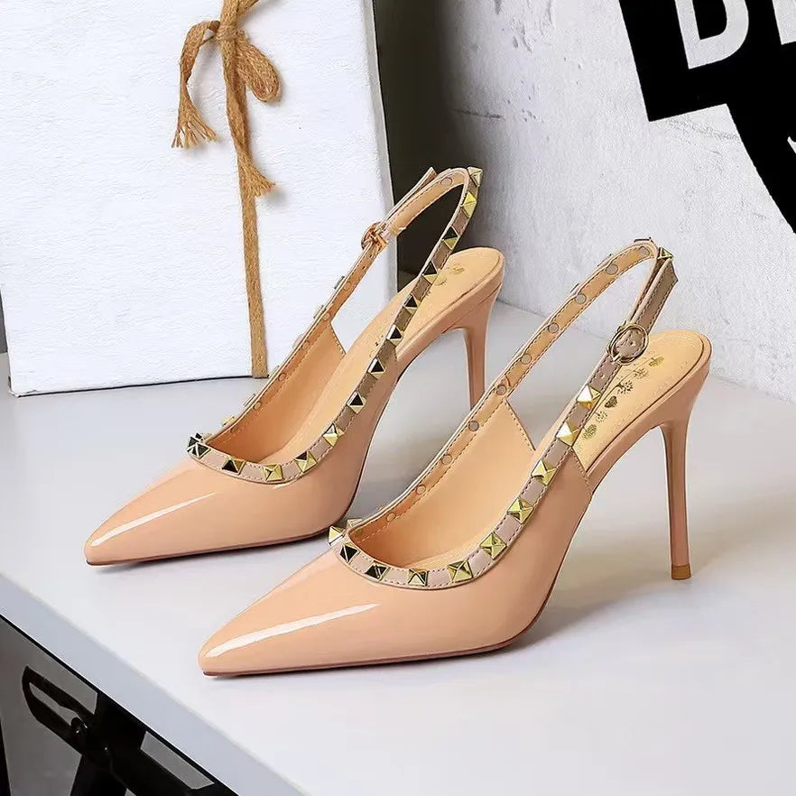 Women Pumps New Luxury High Heels Shoes Women Trend Metal Rivet Pointed Fashion Sexy Heels Women Wedding Shoes Zapatos De Mujer
