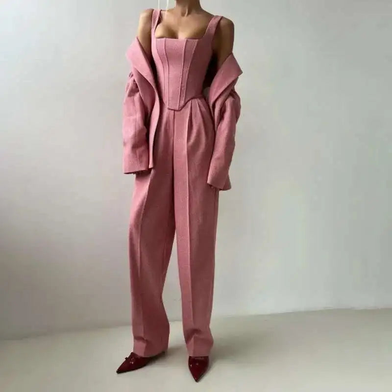 [Vibe] Women's Blazer Three Piece Solid Slim Vest Loose Blazer High Waist Pants Suit Streetwear Casual Female Pants Suit