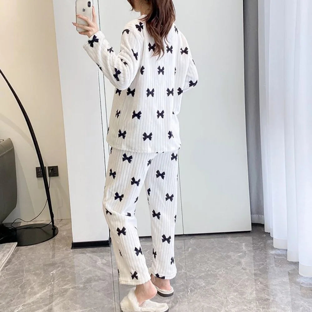 New Women Pajama Pants Sets Loose O-Neck Top And Elastic Waist Wide Leg Pants Winter Fleece Homewear Sweet Bow Outfit Sleepwear