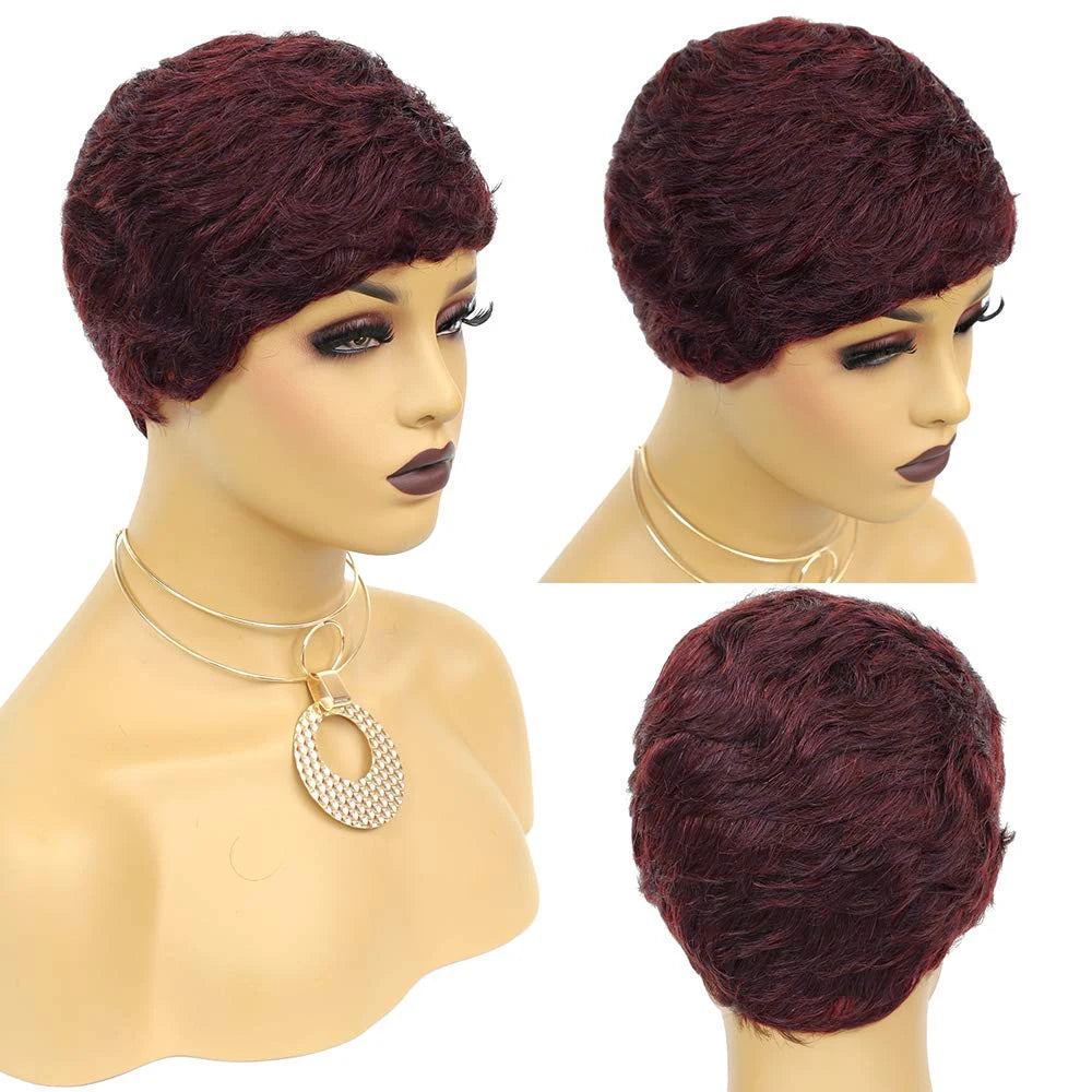 Pelucas Pixie Cut Peluca Corta de Cabello Humano para Mujeres Peluca Ondulada Negra Natural Cabello Remy Hecho a Máquina Completo